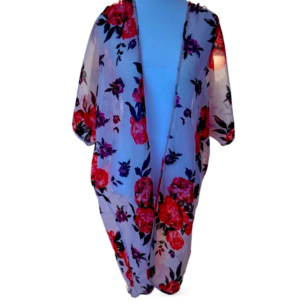 Sheer Floral Kimono Duster L XL Open Front